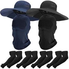 8 Pcs Sun Hat Fishing Hats UV Protection Wide Brim Bucket Balaclava Face Mask Arm Sleeves for Men(Black,Navy)