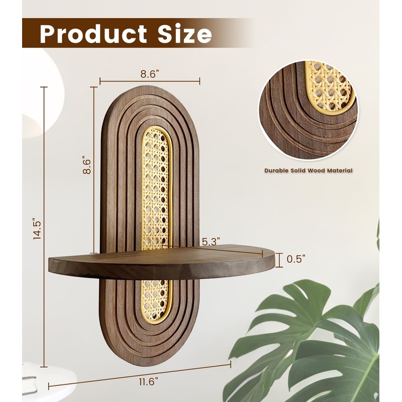Wooden Arched Floating Shelf, Boho Rattan Wall Shelf