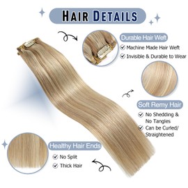 Sunya Clip-In Real Hair Extensions, Ash Blonde with Platinum Blonde, Invisible Real Hair Extension, 30 cm, 7 Pieces, 70 g/Pack, Semaless Straight Hair