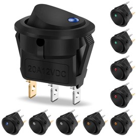 Pack of 10 Rocker Switches 12 V DC 20 A, Hanibos Rocker Switch 12 V Illuminated Round with 5 LED Colour Car Lockable with Self-Locking Round Switch for Car, Boat, Household Appliances