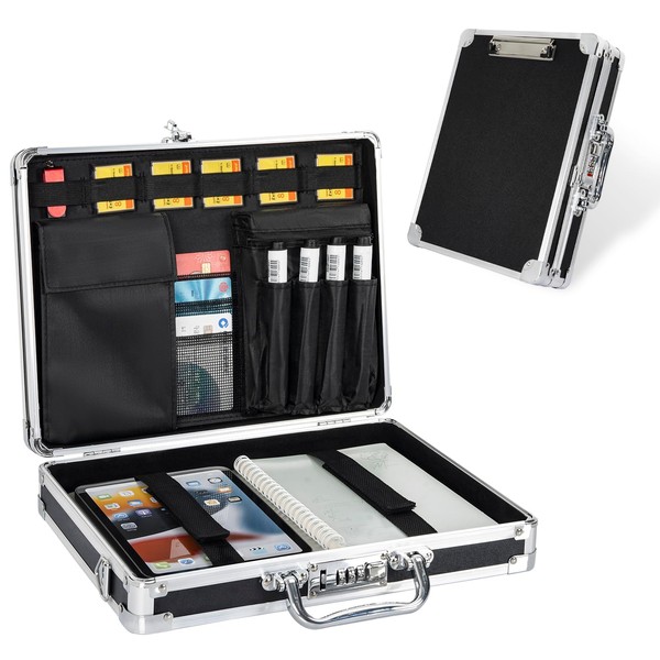 LASUK Aluminum Briefcase, Key Lock Clipboard Storage Box, Lockable Storage