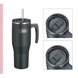 THERMOS REFRESHING SERIES Insulated Drinking Cup 1.1 L Matte Black Tumbler with Straw and Handle for Travel, Work or Home, Tasteless Double-Walled Stainless Steel