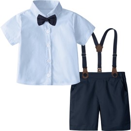 A&J DESIGN Roap para Bebé Niño de Mangas Cortas Verano Traje Formal para Boda con Camisa Azul, Pantalones Marinos, Tirante y Pajarita, 4-5 Años