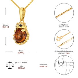 AMBEDORA Women's Small Necklace Hedgehog with Amber, Sterling Silver Gold-Plated, Baltic Amber in Cognac Colour, Gold-Plated Pendant with Chain, Sterling Silver, Amber
