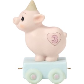 Precious Moments Age 3 Birthday Train Figurine - "Heaven Bless Your Special Day," Adorable Pig Design, Collectible Porcelain Keepsake in Multicolor and Pink