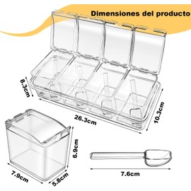 Frascos para Especias,4 Caja organizadora de especias transparente con Recipientes para Condimentos con Tapa, Cuchara y 1 Bandeja,Transparente Especieros para Cocina,Almacene Especias y Granos etc.
