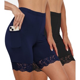 Pafnny Anti Chafing Shorts Women Lace Slip Boyshort for Under Dresses with Pockets Satin Underwear 2 Packs