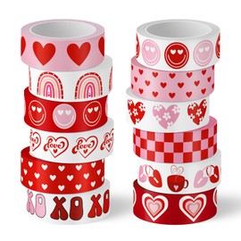 Whaline 12 Rolls Boho Valentine’s Day Washi Tape Rainbow Love Heart Smile Washi Tape Red Pink Masking Decorative Gift Wrapping Paper Tape for DIY Craft Scrapbook Journal Party Supplies
