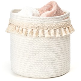 Mkono Macrame Decorative Cotton Rope Basket Boho Nursery Decor Cute Woven Tassel Closet Storage Bins Organizer for Baby Toys,Diaper, Blankets,Magazine,Potted Plants Cover,Living Room,Bedroom, 15"x14"