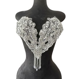 Pure Handmade Rhinestone Fringe Patch Trim Crystal Beaded Applique for Sewing Crafts Wedding Party Decoration Bridal Dress Accessories 14.5X14inches (Clear AB)