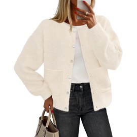 MEROKEETY Women's Long Sleeve Knit Cardigan Sweaters 2025 Fall Crewneck Button Open Front Jackets with Pockets, Beige, Medium