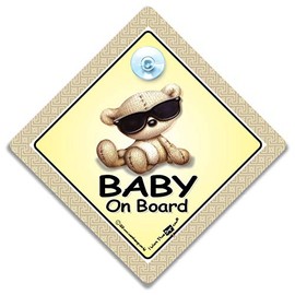 Baby On Board Car Sign, Suction Cup Car Sign For Baby or Kids In Car, Baby Bear In Sunglasses Baby On Board Sign Style For Child In The Car