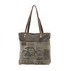 Vintage Bicycle Print Upcycled Canvas and Genuine Leather Trim Tote