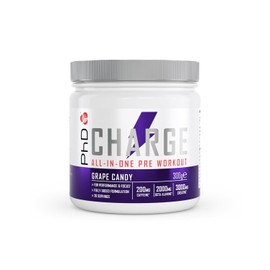 PhD Charge, All in One Pre Workout Powder with Creatine for Women and Men, Rich in Beta Alanine, High Caffeine for pre-Workout, Grape Candy Flavour, 20 Servings Per 300g Bottle