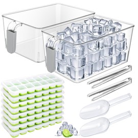 Aneco 2 Set Plastic Freezer Ice Bin with Flexible Scoop Clear Storage Bin with Pull out Handle Tongs Ice Cube Tray Ice Container for freezer Kitchen, 12 x 7 x 4.4 Inch