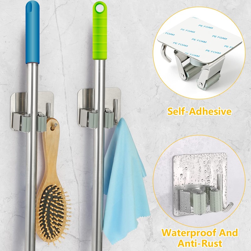 YUWANTING Stainless Steel Broom Holder, Self-Adhesive, 4 Gripper Positions, 4