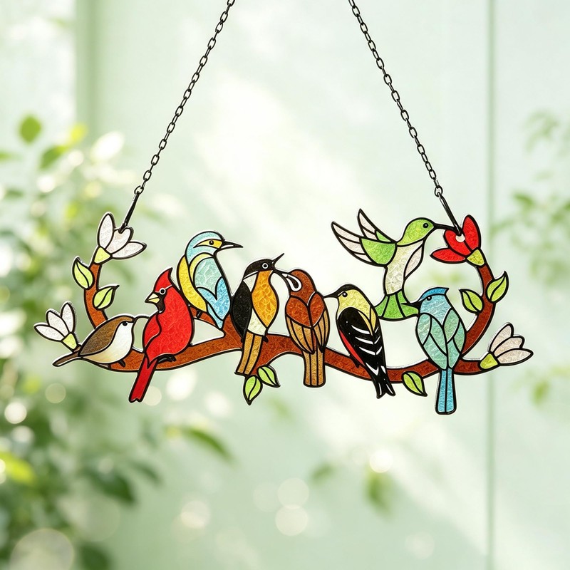 Birds On Branch Stained Glass Suncatcher,Red Bird Hummingbird Window Adorn
