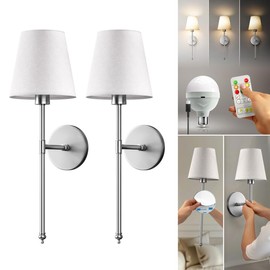 PRIDOLA Set of 2 Wireless Wall Sconces Peel & Stick with Adhesives for Easy Installation, Rechargeable LED Bulbs, Remote Controlled, Adjustable Brightness, The Original Wireless Wall Lamps (Silver)