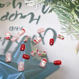 Christmas Press on Nails Short,Winter Almond Cute Santa Claus Glue on Nails,Red French Tip Fake Nails,Christmas Tree with White Snowflakes False Nails,Xmas Medium Acrylic Nails for Women 24Pcs
