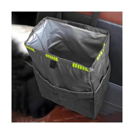 KHGUZ Hanging Car Trash Can with Storage Pockets, Waterproof Leakproof Automotive Garbage Bag, Washable Foldable Large Capacity Vehicle Trash Bin, Universal for RV, SUV, Truck (Black)