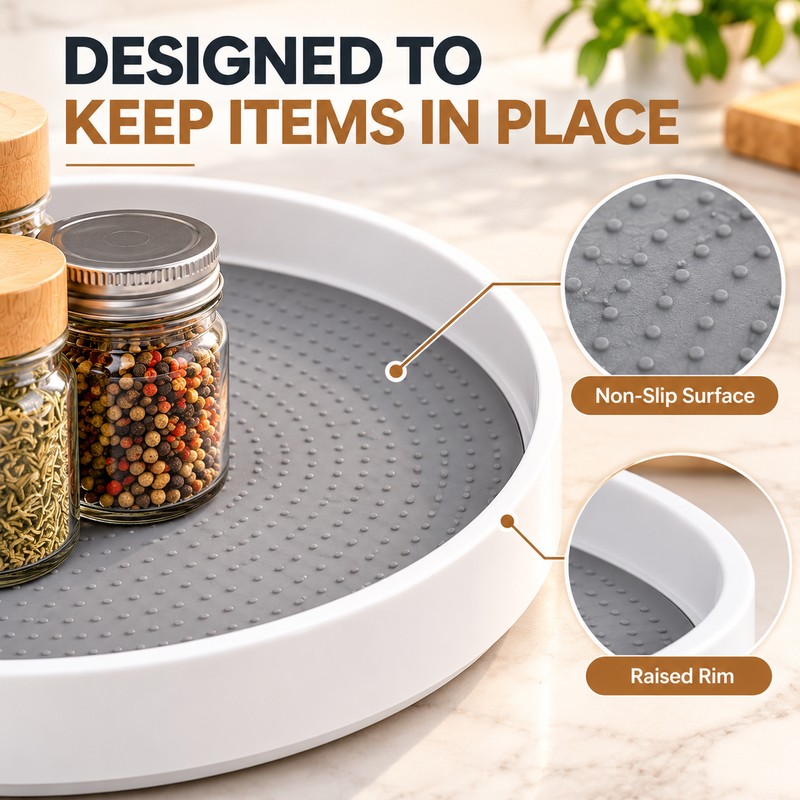 Lazy Susan Organizer, 360° Rotating Non-Slip Turntable with Raised Edge,