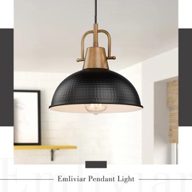 Emliviar 10.2 Inch 1-Light Farmhouse Pendant Light, Modern Pendant Lighting for Kitchen Island, Hammered Metal Dome Shade in Black Finish, GE269MIL BK+WD