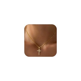 Fimhut Cross Necklaces for Women - Dainty 18K Real Gold Plated Cross Choker Pendant Jewelry Non Tarnish Waterproof Trendy Box Chain Necklace Easter Christian Baptism Religious Faith Jewelry Gifts