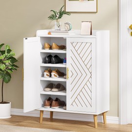 YITAHOME Shoe Cabinets with Doors Entryway, 5-Tier White Shoe Storage Cabinet Modern Freestanding Wood Shoe Organizer Cabinet for Living Room Hallway, White