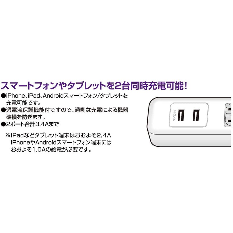Elpa WLS-402USB(W) Lightning Resistant USB Tap, Lightning Guard Extension Cord,