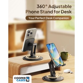 Cooper 360° Stand - Adjustable Cell Phone Stand for Desk | 360° Click-Rotating Mobile Stand, Multi-Angle, Metal Base, Foldable, Portable | Office Phone Stand Desk, Cell Phone Holder Desk (Piano Black)
