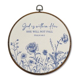 Qskjre Blue Flowers Christian Wall Art Decor, Boho Floral Round Wood Framed Canvas Picture Wall Art, God Is Within Her She Will Not Fall Hanging Prints for Living Room Bedroom Decorations 10"x10"