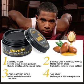 Wave Pomade for Men Strong Hold Easy Wash Hair Cream Grease, Promotes Layered Waves, Moisture, Shine, Brush and Durag Cap Set