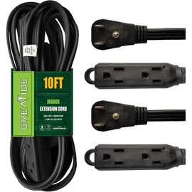 GREATIDE Cable de extensión de 3 salidas de 10 pies con enchufe plano, 3 clavijas, 16/3 SPT-3 cable de alimentación duradero para uso en interiores, negro, paquete de 2