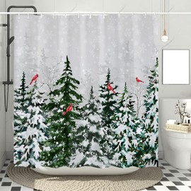 Winter Forest Shower Curtain Snowy Snowflakes Covered Pine Trees and Cardinal Christmas Shower Curtains for Bathroom Xmas Holiday Bathroom Decor Polyester Fabric Waterproof with Hooks 72x72 Inch