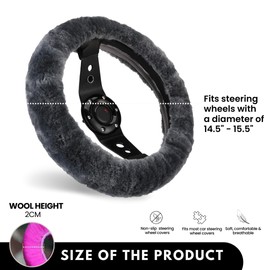Andalus Brands Luxury Fluffy Car Steering Wheel Covers – Genuine Merino Sheepskin, Soft Fuzzy Car Steering Wheel Cover for Women, Universal 14.5-15" Size, Plush Fur Cute Auto Accessories, Carbon Black