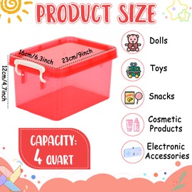 Bornerwhite 6 Pack Colorful Plastic Storage Bins with Lids 4 Quart Small Storage Boxes with Latching Lids Handle Stackable Clear Colored Storage Organizer Bins for Toy Craft Classroom (Red)