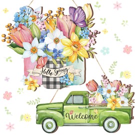GlikCeil 2 Pcs Hello Spring Door Sign Decor, Spring Welcome Wooden Hanging Decorations, Truck and Bouquet for Front Door Farmhouse Rustic Home Decorations