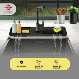 Classique Sink Splash Guard Behind Faucet | Silicone Faucet Mat for Kitchen Sink | 5° Slope Faucet Guard & Draining Mat | Dish Sponge Holder | Kitchen Sink Splash Guard (Black, 17.7 * 5.5)