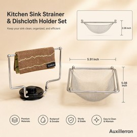 Kitchen Sink Strainer with 50 Disposable Mesh Bags, Rustproof Corner Sink Basket and Dishcloth Holder, Zero-Touch Food Waste Catcher with Strong Suction Cup