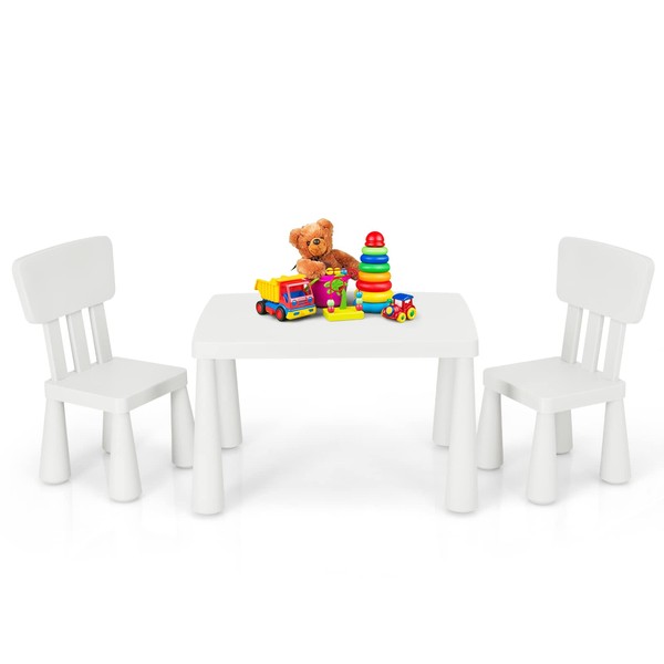 HONEY JOY Kids Table and Chair Set, Plastic Children Activity Table and 2 Chairs for Art Craft, Easy-Clean Tabletop, 3-Piece Toddler Furniture Set for Daycare Playroom, Gift for Boys Girls(White)