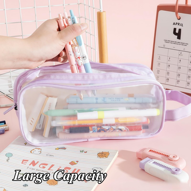 RuiChy Transparent Mesh Pen Case, Pencil Case, Large Capacity, Double