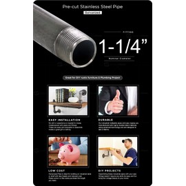 Supply Giant 1-1/4 Inch Galvanized Pipe, One And Quarter Inch Malleable Steel Pipes Fitting Build DIY Vintage Furniture, 1-1/4" x 24" (Pack Of 5)