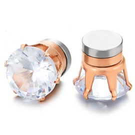 Magnetic Cubic Zirconia Stud Earrings, Rose Gold Steel, Non-Piercing Clip On Cheater Fake Ear