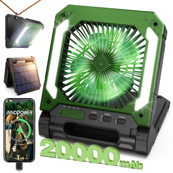 20000mAh Portable Fan Rechargeable with Solar Panel 2-in-1, 3 Speeds