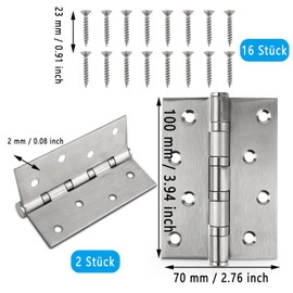 Pack of 2 Stainless Steel Hinges Foldable Door Hinges for Wooden Doors Steel Ball Bearing Hinges Silver Stainless Steel for Front Door Room Door 100 mm × 70 mm, Silver
