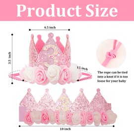 SuPoo 3rd Birthday Princess Crown Hat Sequin Birthday Decorations for Girls Glitter Tiara Headband Rose Flower Party Decorations Outfit 3 Year Old Gift For Girls Pink Photo Props