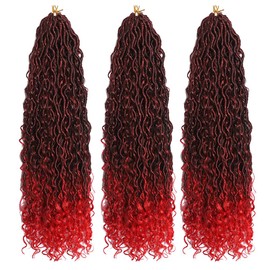 BALINGHAIR Goddess Locs Crochet Hair Ombre Black to Red 18 Inch 3 Packs Bohemian Faux Locs Crochet Hair With Curly Ends Pre Looped Hair Extensions 16 Roots/Pack(1B/Red)