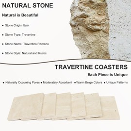 YONGHEE Square Travertine Coasters Set of 6, Porous Natural Stone Absorbent Coaster with Velvet Backing for Table Protection, Rustic Beige Marble Coasters for Home Table Decor, 4 Inches
