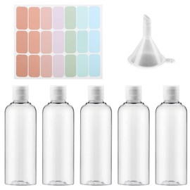 5 Pcs 100ml Clear Travel Bottles Plastic Bottles with Lids Small Empty Bottles Refillable Travel Bottle Set with Funnels and Stickers for Liquids Toiletries Lotion Shampoo Conditioner Shower Gel