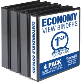 Samsill 1.5-Inch 3-Ring Binders – Set of 4, Black | USA-Made, Clear View Covers, Round Rings, Holds Up to 325 Sheets – Ideal for School, Office, or Home Use